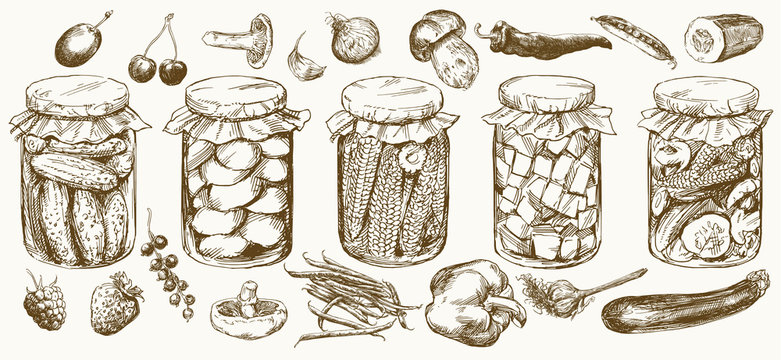 Jars with pickled vegetables and fruits.