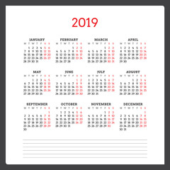 Calendar for 2019 year. Week starts on Monday. Printable vector stationery design template