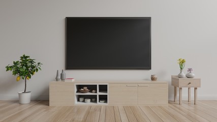 TV on cabinet in bright room,white wall background ,3D illustration