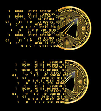 Set of crypto currency golden coins with black lackered gram symbol on obverse isolated on black background. Vector illustration. Use for logos, print products, page and web decor or other design.