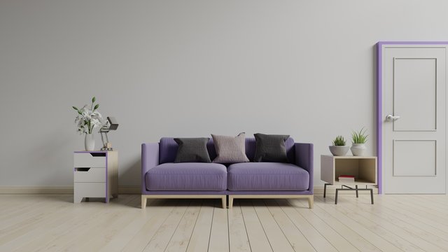Living room interior with violet sofa, cabinet and lamp,concept Ultraviolet color of the year 2018 ,3D rendering