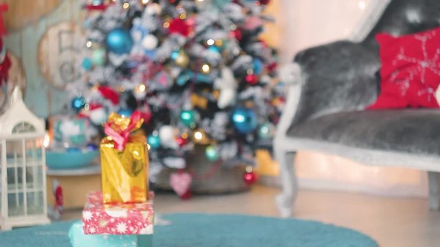 new year decor with gifts, toys and Christmas tree