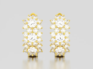 3D illustration isolated yellow gold diamond earrings with hinged lock