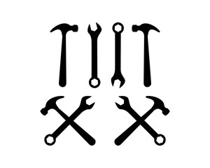 Crossed Hammer and Wrench Tool Sign Symbol Icon Silhouette Logo Vector
