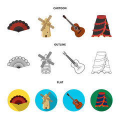 Fan Spanish, mill, guitar, skirt for national Spanish dances. Spain country set collection icons in cartoon,outline,flat style vector symbol stock illustration web.