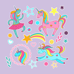 Set of stickers - cute cartoon unicorns, stars, hearts, circles, plants, rainbow. Vector illustration of hand-drawn