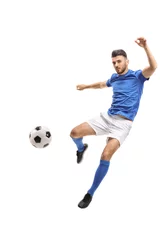 Foto op Canvas Male soccer player kicking a football in mid-air © Ljupco Smokovski