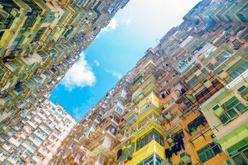 Old residential building under blue sky at Quarry Bay, Hong Kong