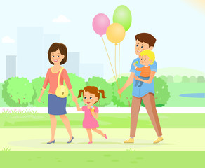 Happy family walking in the park. Father, mother, gaughter and son.Vector illustration