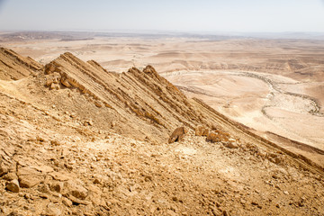 Desert crater mountain ridge cliffs landscape view, Israel nature.