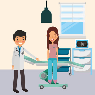 medical doctor with patient sitting in the stretcher vector illustration