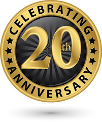 Celebrating 20th years anniversary gold label, vector illustration