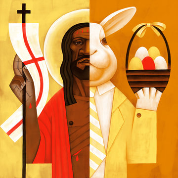 Illustration of halved Christ and Easter bunny