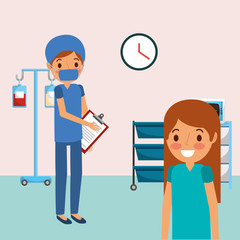 medical people professional in room consultation with iv stand clipboard vector illustration