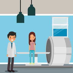 medical doctor and sitting female patient in mri machine vector illustration
