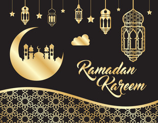 Fototapeta premium beautiful ramadan kareem background with gold color on black background