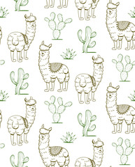 Hand drawn pattern of lamas and mexican plants. Vector illustration.