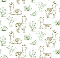 Pattern of cute lamas and mexican plants. Vector illustration.