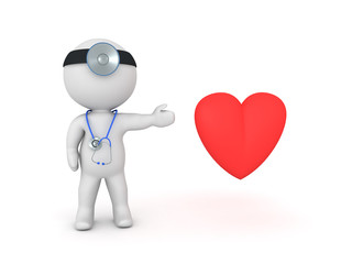 3D Doctor with stethoscope showing a red heart shape