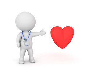3D Character with stethoscope showing a red heart shape