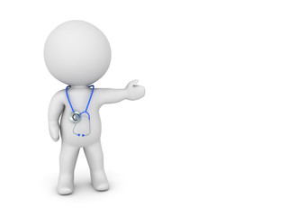 3D Character with stethoscope around neck pointing to the right
