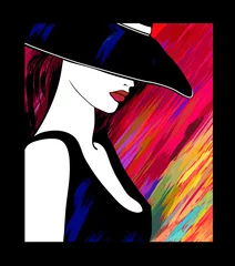 Gordijnen Vrouw met hoed op kleurrijke achtergrond © Isaxar
