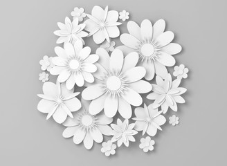 White paper flowers on light gray, 3d