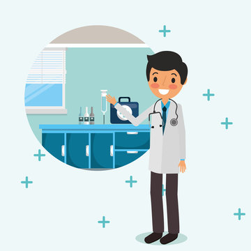 medical doctor with stethoscope kit first aid  vector illustration