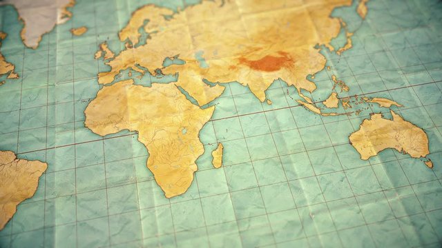 pan over vintage sepia colored world map - seamless loopable background - blank version.