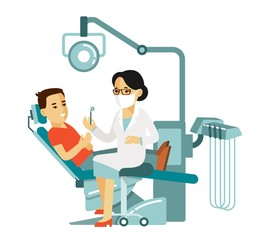 Medicine dental concept in flat style isolated on white background. Young doctor woman and patient man in dentist chair in hospital. Consultation and medical diagnosis.