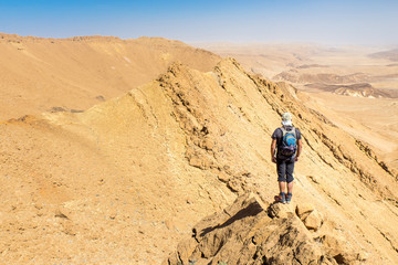 Fototapeta premium Backpacker tourist standing desert mountain cliff ridge edge landscape.