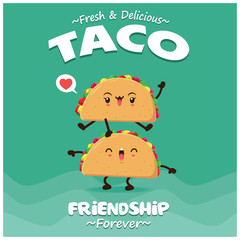 Vintage food poster design with vector taco character.