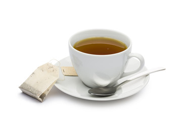 cup of tea with tea bag on white background