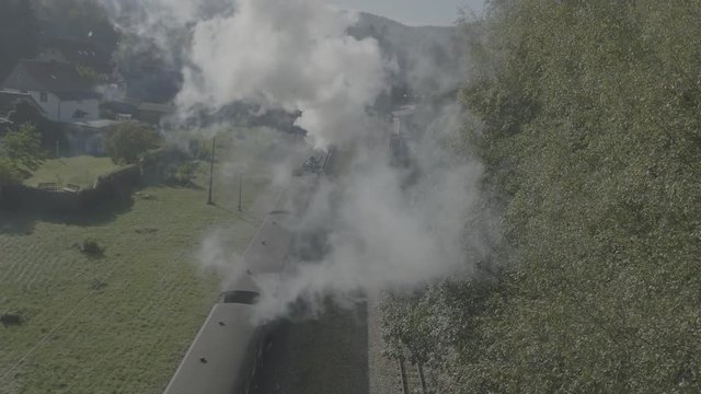 Oybin Zittauer Gebirge - Drone following train - beautiful Landscape - Germany Saxony 4k