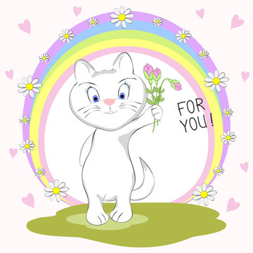 Cute  cat with bouquet of flowers and inscription For You.
