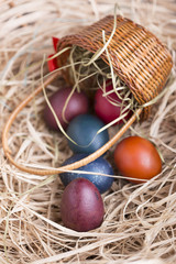 Colorful eastern eggs. Copy space. Selective focus