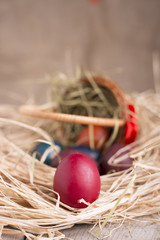 Colorful eastern eggs. Copy space. Selective focus