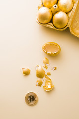 One old aesopus story  tells about the chick who makes the golden egg, in this case she makes bitcoin, conceptual composition for bitcoin and new economy, with golden eggs cracked with bitcoin outside