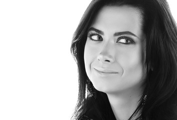 Horizontal closeup portrait. Young attractive brunette. Makeup and loose hair