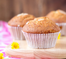 Homemade banana cupcake on wood tray white background, sweet secne for party