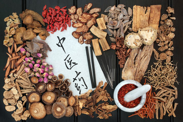 Chinese acupuncture needles and moxa sticks with traditional herbs used in herbal medicine on dark wood background with calligraphy script. Translation reads as chinese herbal medicine. Top view.