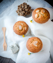 Homemade banana cupcake on wood tray white background, sweet secne for party