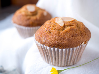 Homemade banana cupcake on wood tray white background, sweet secne for party