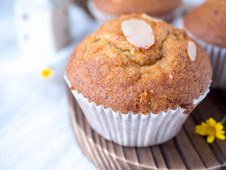 Homemade banana cupcake on wood tray white background, sweet secne for party