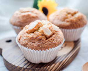 Homemade banana cupcake on wood tray white background, sweet secne for party
