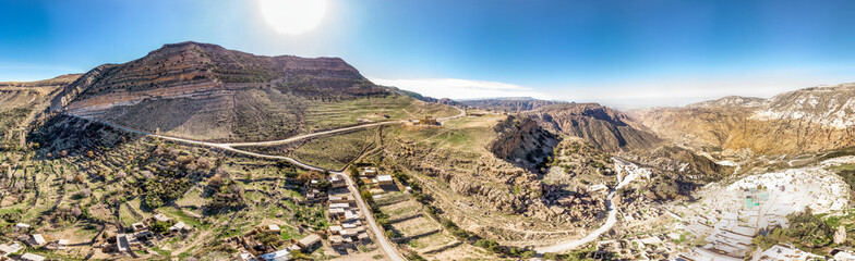 Composite high-resolution panorama of the Dana Village narby the Dana Reserve, a 1000-metre deep valley cut in the south-western mountainous region of the Kingdom of Jordan.