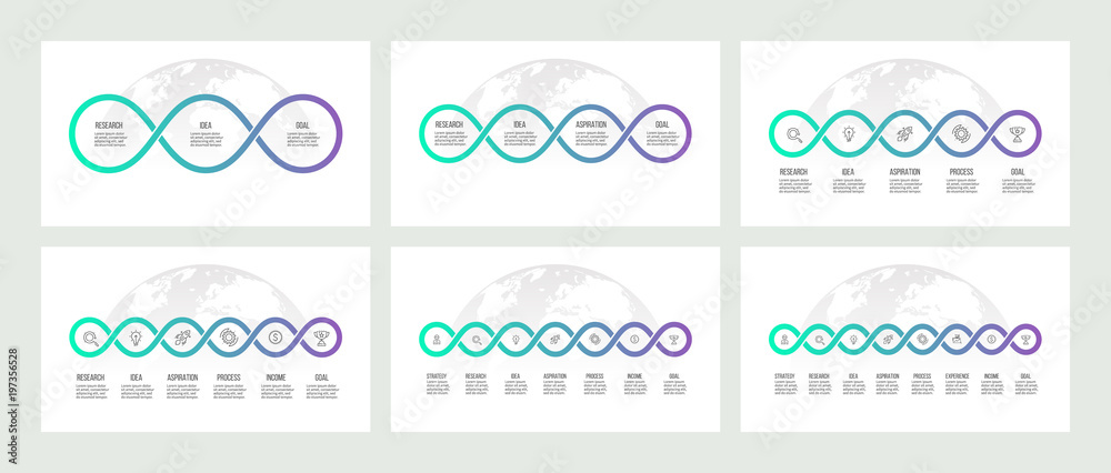 Wall mural Business infographics. Timeline with 3, 4 ,5 ,6 ,7, 8 steps, options, loops. Vector template.