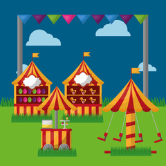 Fototapeta na wymiar carnival fair festival carousel food cart booths in the meadow vector illustration