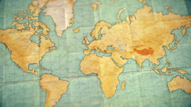 vintage sepia colored world map - zoom in to Europe - blank version.