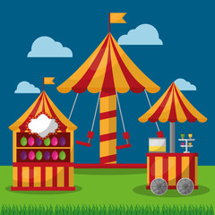 carnival fair festival carousel booth   and food cart vector illustration